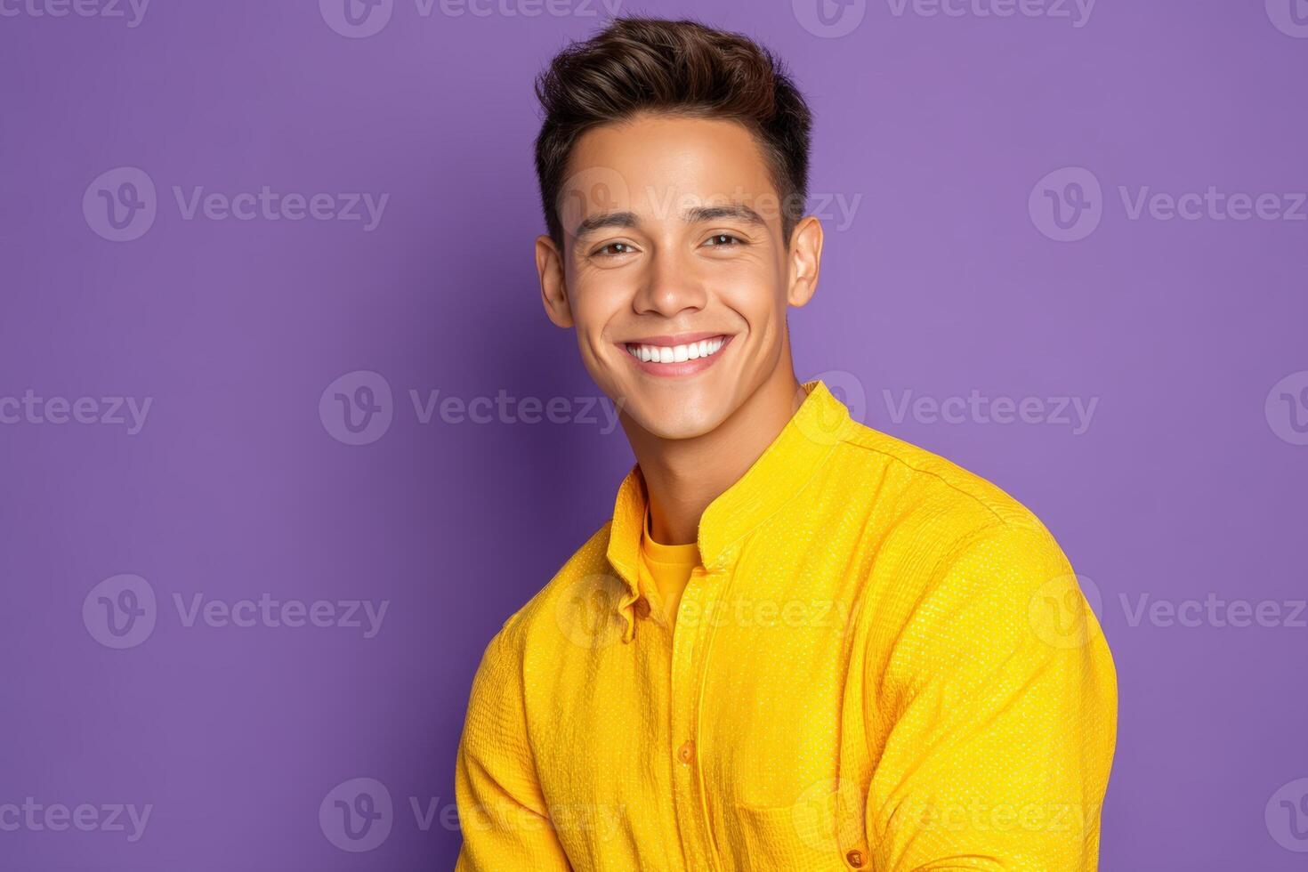 Cheerful individual wearing a bright yellow shirt smiles warmly, creating a friendly and positive atmosphere. Short, styled dark hair contrasts with the vibrant clothing photo