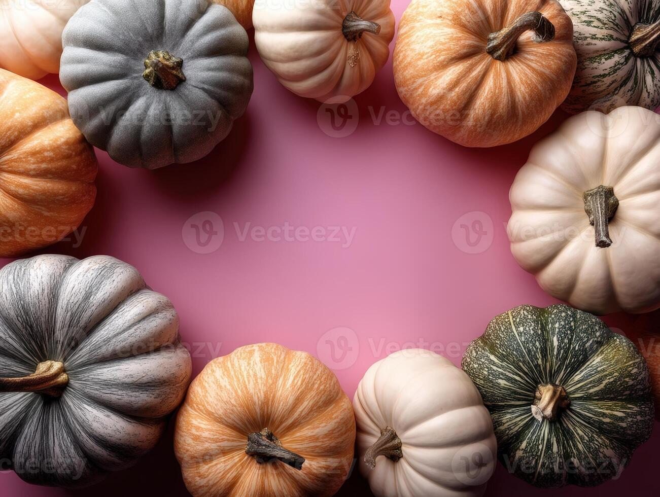 Pumpkins of various colors and sizes are arranged in a circular pattern, creating an open space in the center. The upper halves of the pumpkins are visible, showcasing diverse textures photo