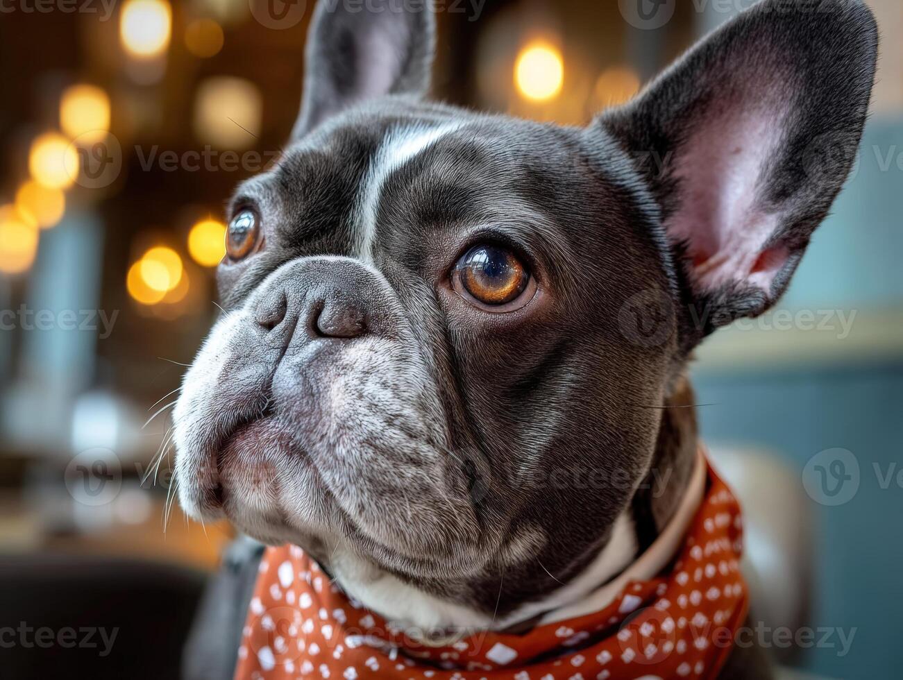 Brindle French bulldog with expressive eyes wears a red polka-dotted bandana, gazing intently. Ears perked, whiskers visible. Warm lighting with blurred background creates a cozy effect photo