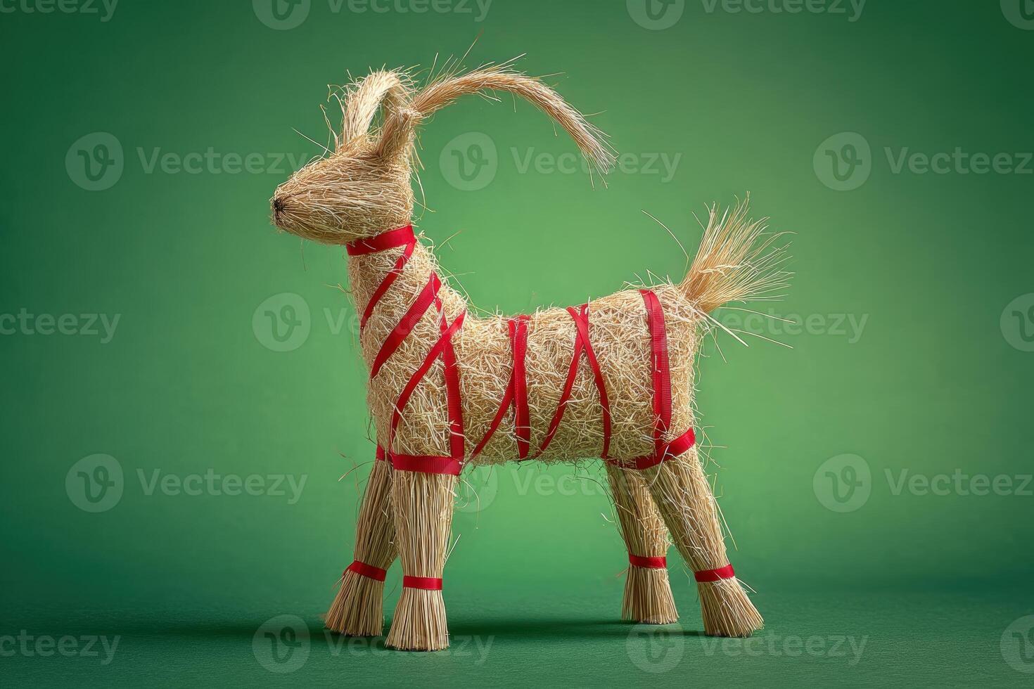 Straw goat figure wrapped with red ribbons stands against a green surface. The handcrafted piece displays intricate texture and detail, featuring distinctive long tail and upright posture photo