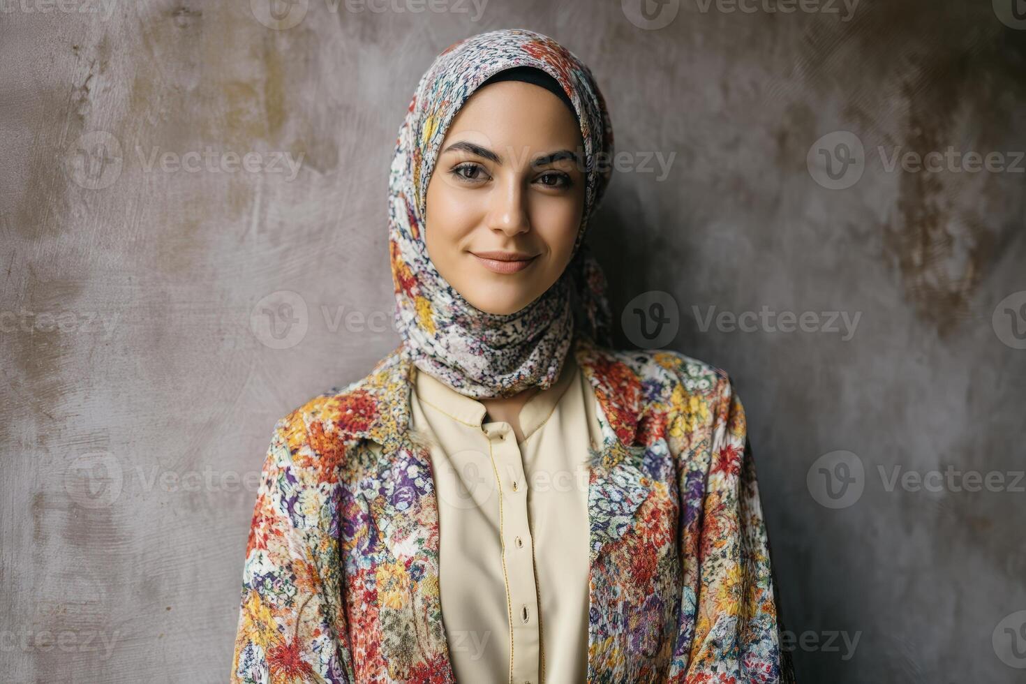Smiling woman wearing a floral-patterned hijab and matching jacket over a pale shirt, standing against a textured wall, exuding elegance and confidence with a peaceful demeanor photo