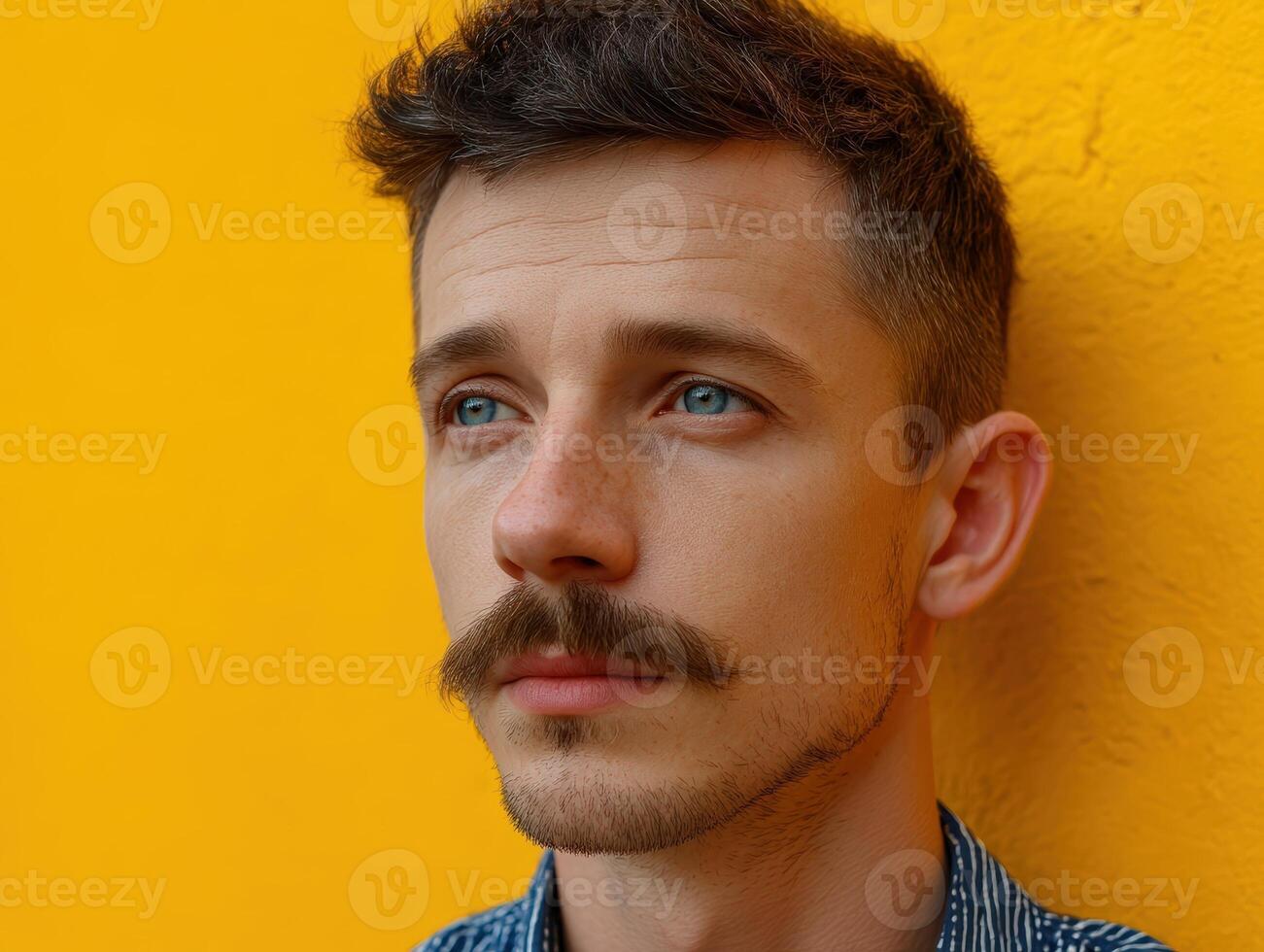 Young man with light eyes gazes upwards, displaying a well-groomed mustache and short hair. Wearing a patterned shirt, he stands against a vivid yellow background, exuding a thoughtful demeanor photo