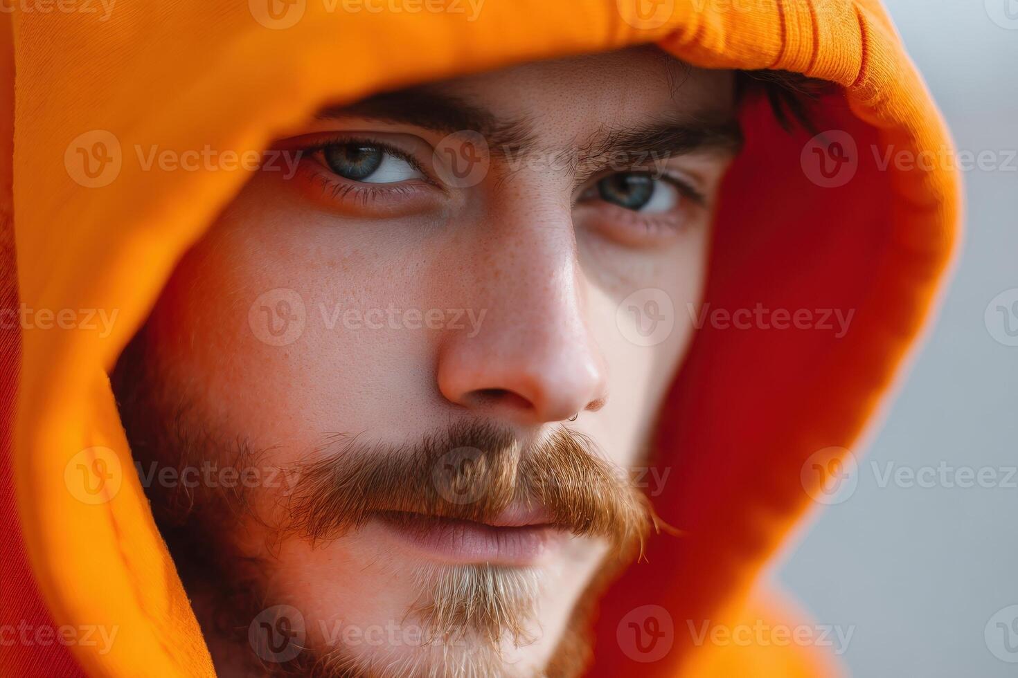 Young man with a focused gaze, wearing a bright orange hooded top. His beard is neatly styled, and he has striking blue eyes, conveying a sense of intensity photo