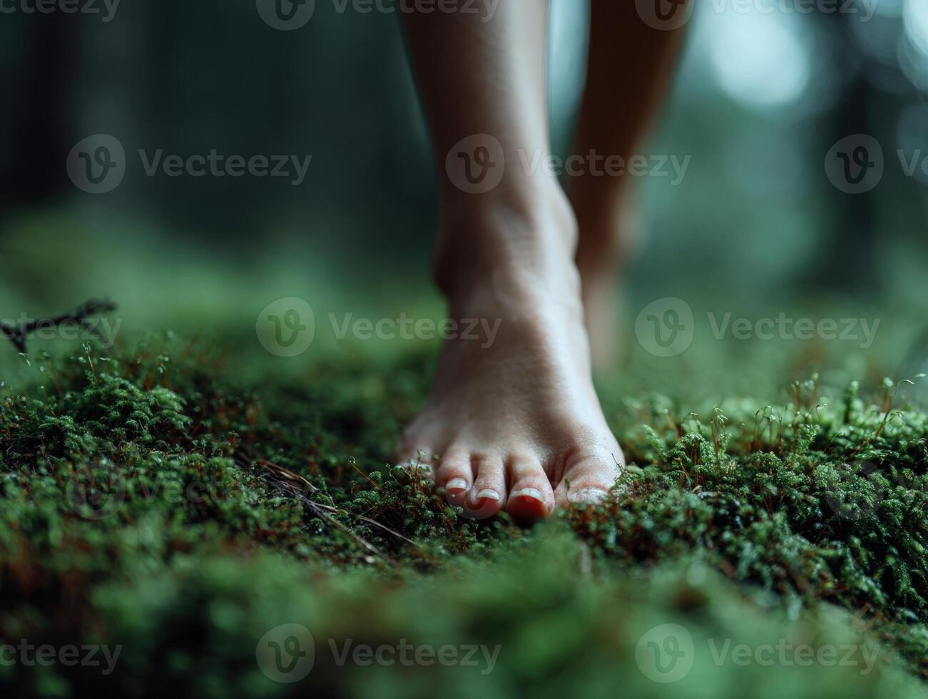 Bare feet gently stepping on lush green moss, surrounded by blurred forest backdrop, creating a serene earthy atmosphere with a sense of harmony, connection, and tranquility photo