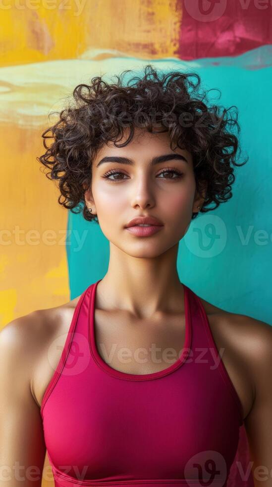 Curly-haired person in a red sports top stands gracefully against a vibrant abstract background of teal, yellow, and red hues, exuding confidence and elegance, looking keenly at the viewer photo