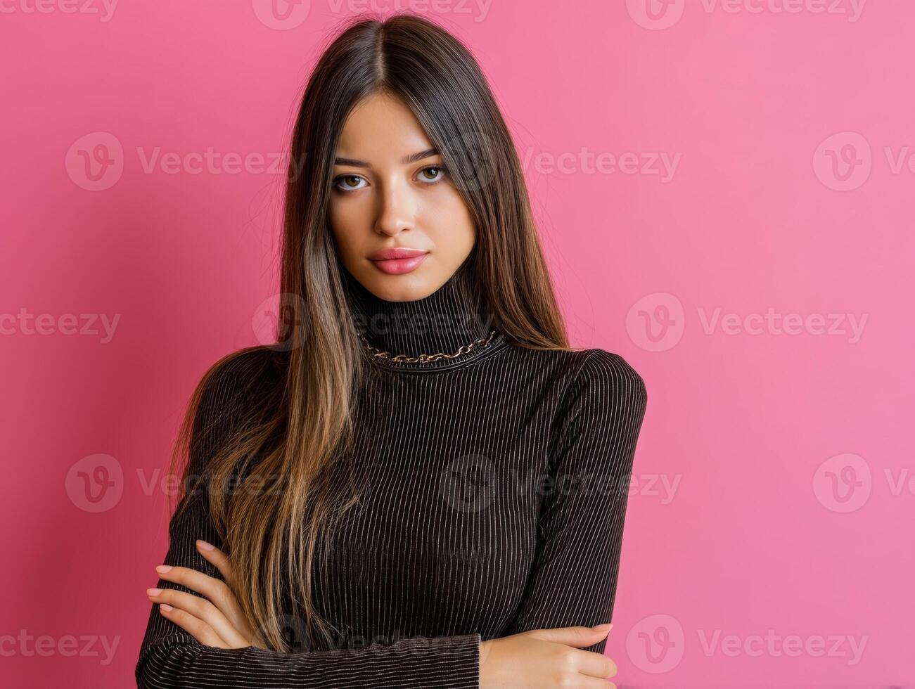 Young woman with long brunette hair and crossed arms wears a ribbed dark turtleneck with a subtle chain necklace, posing confidently with a neutral expression photo