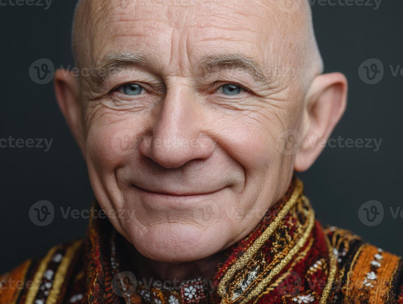 Elderly man with a gentle smile, wearing a colorful traditional patterned garment. His bald head and expressive blue eyes add character to his serene, wise appearance photo