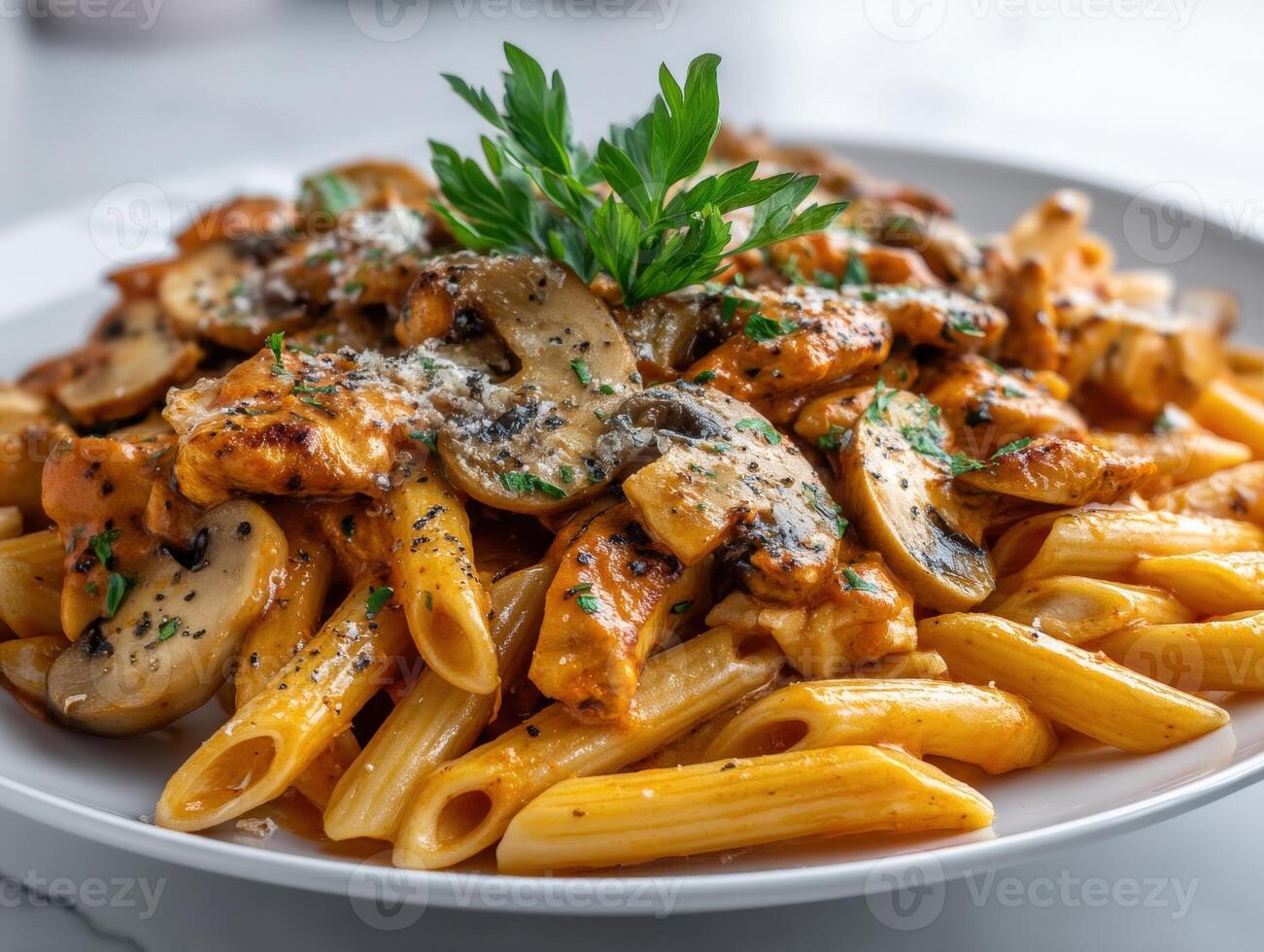 Penne pasta dish served with roasted chicken, sliced mushrooms, and a sprinkle of fresh parsley. The plate features a creamy sauce, and herbs add a touch of green garnish on top photo