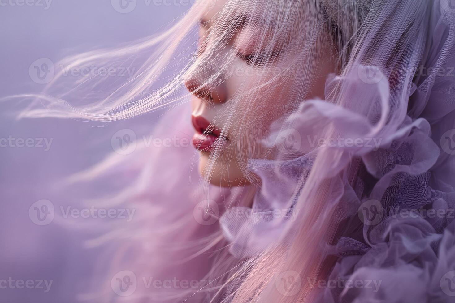 Soft focus side portrait of a woman with closed eyes, surrounded by flowing purple fabric. Her light hair is gently blowing, creating an ethereal and dreamy atmosphere photo