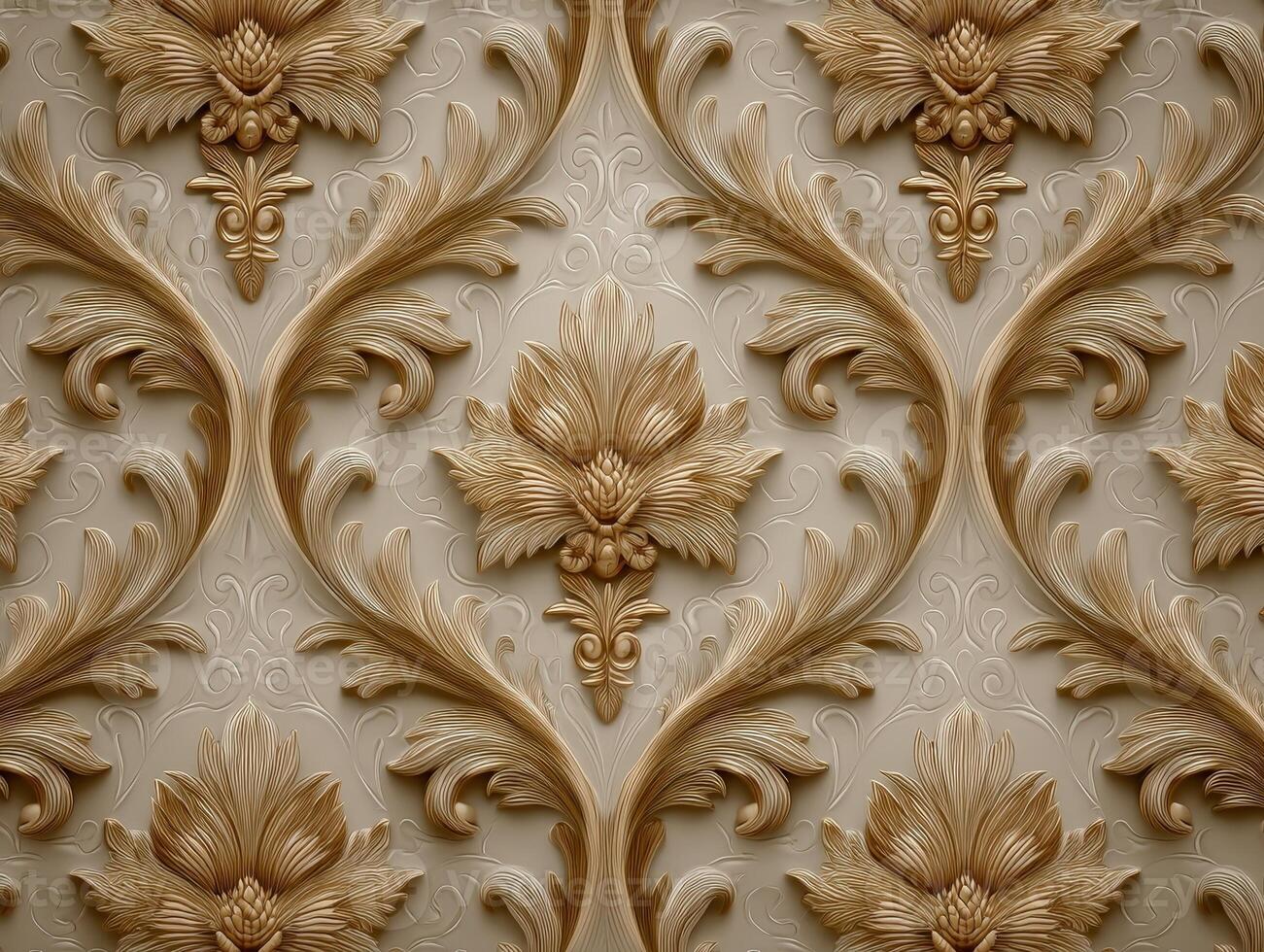 Ornate floral patterns in warm brown hues create an elegant, symmetrical design on a textured surface. Intricate leaves and flowers form a continuous, visually appealing motif photo