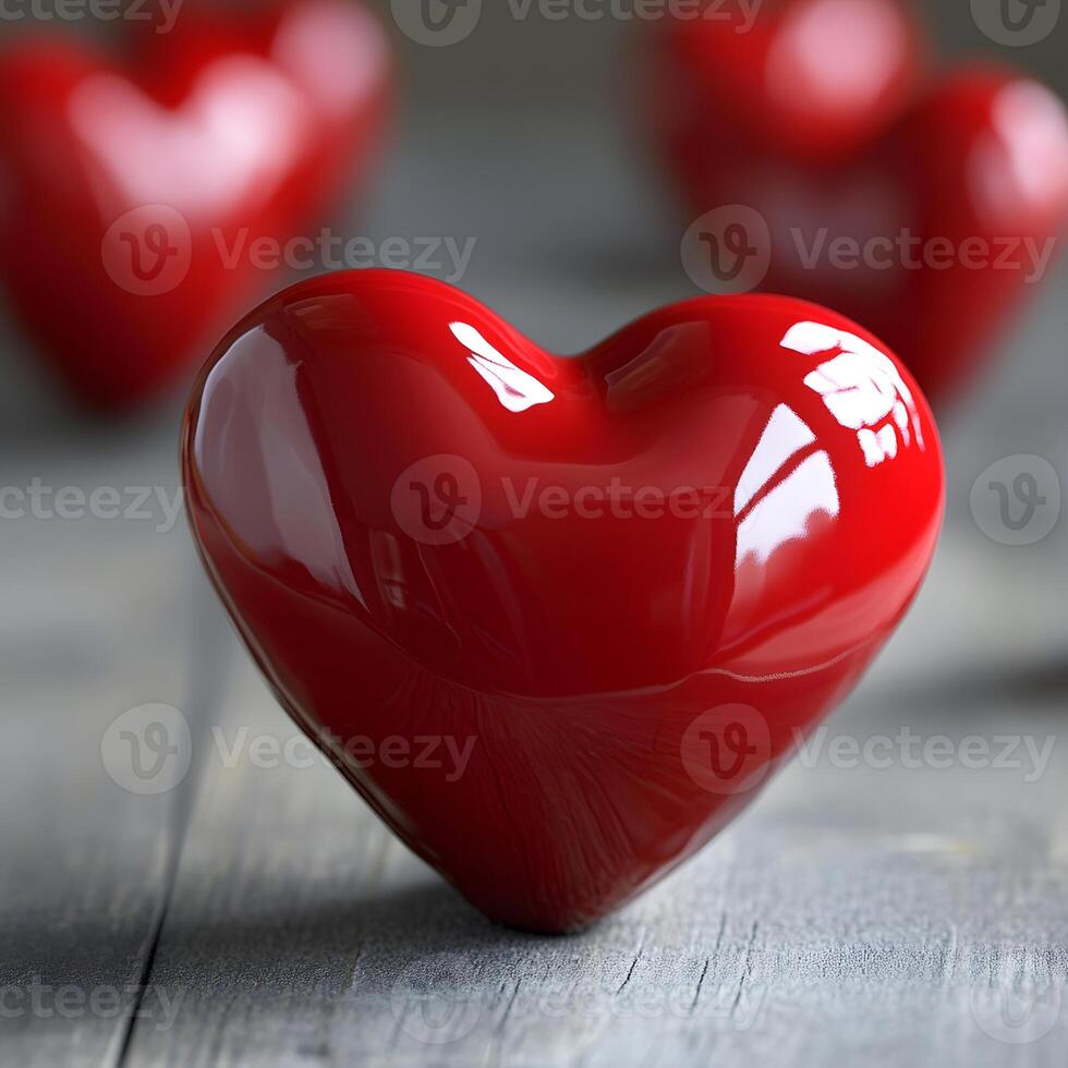 Shiny Red Hearts on Rustic Wooden Surface photo