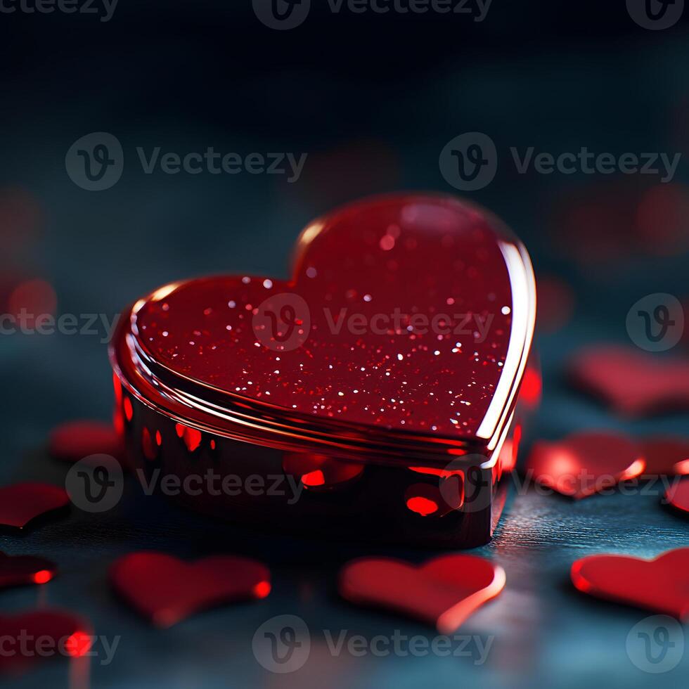 Red Glittery Heart Shaped Box with Scattered Hearts photo