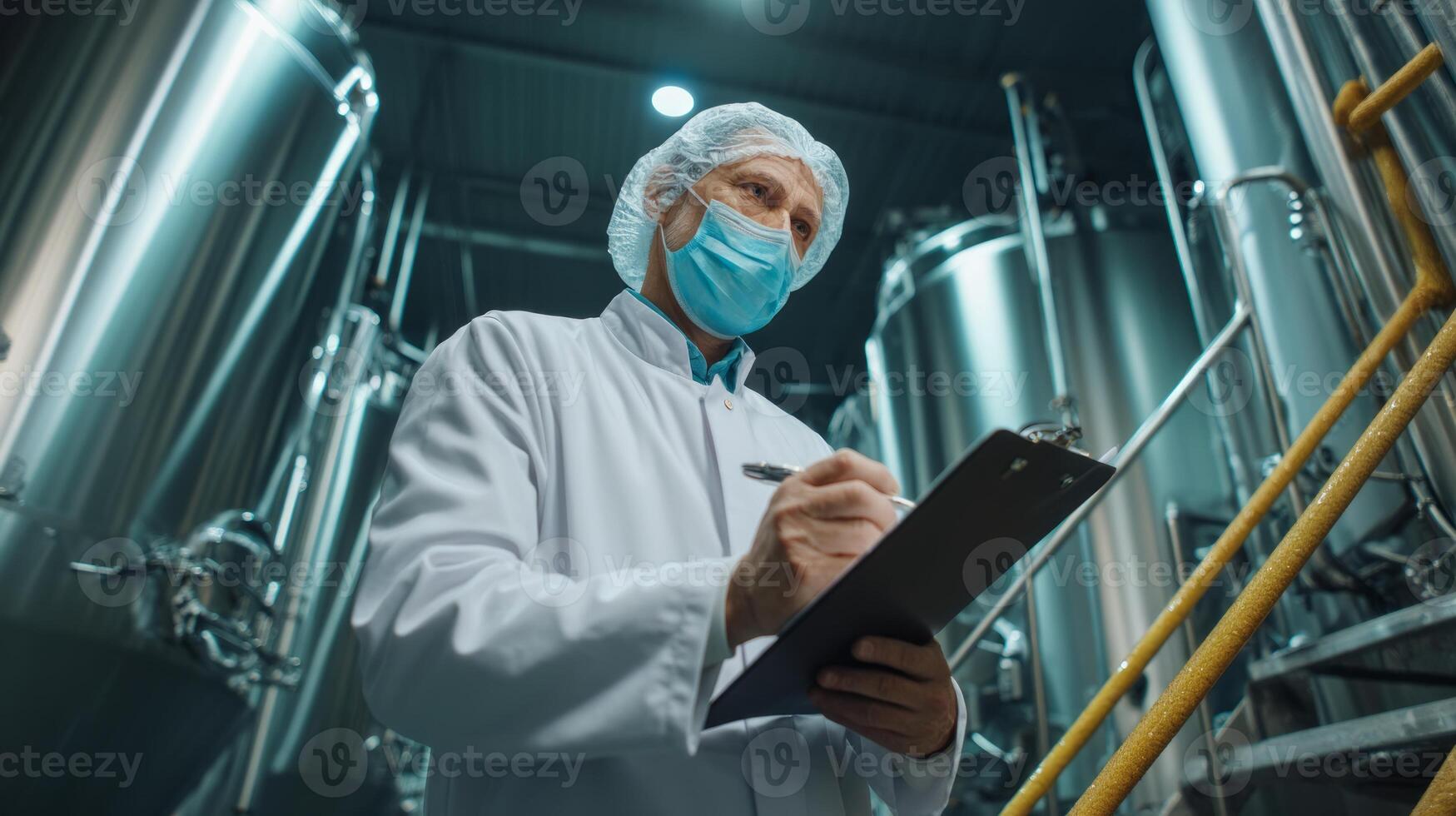 A man in a white coat and mask is writing on a clipboard photo