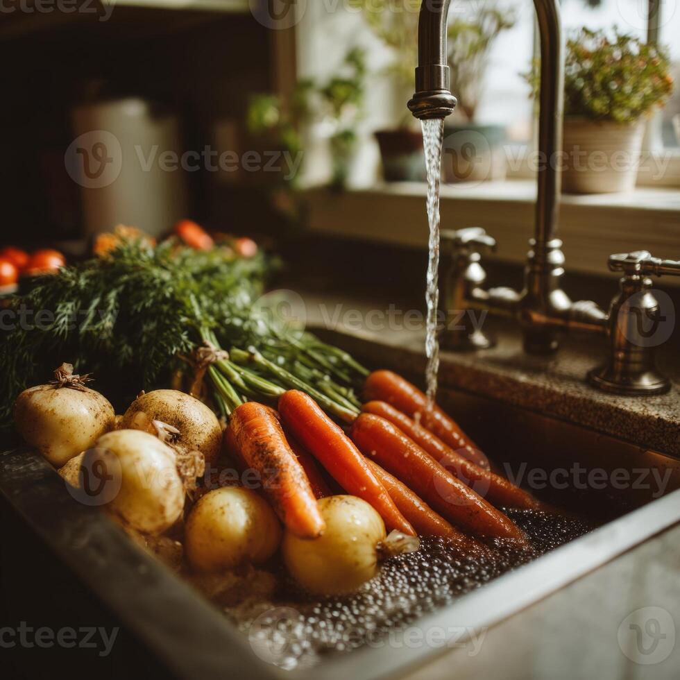 A sink filled with carrots and potatoes photo