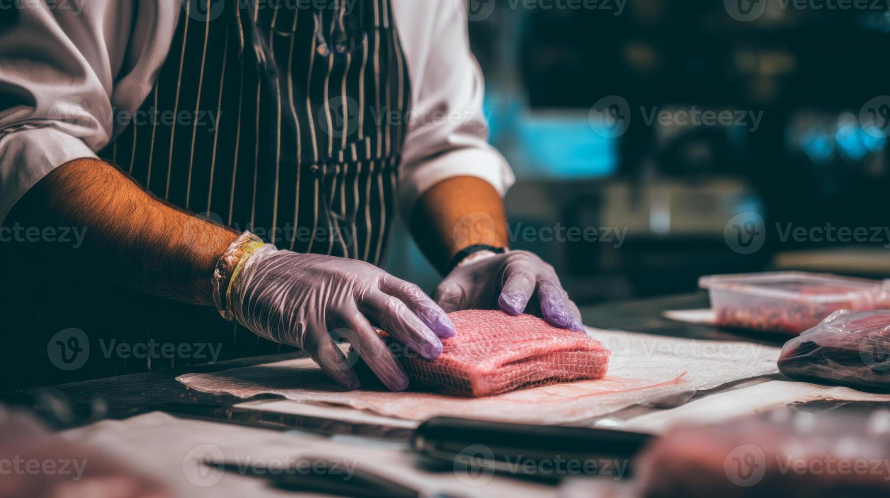 A chef in an apron is cutting meat on a cutting board photo