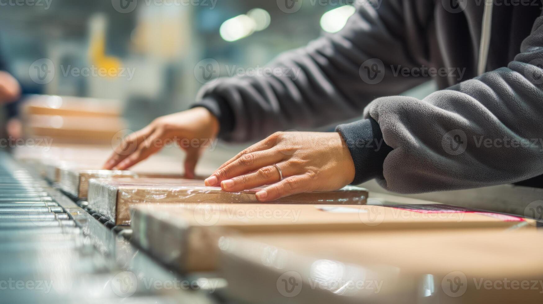 A person is picking up boxes on a conveyor belt photo