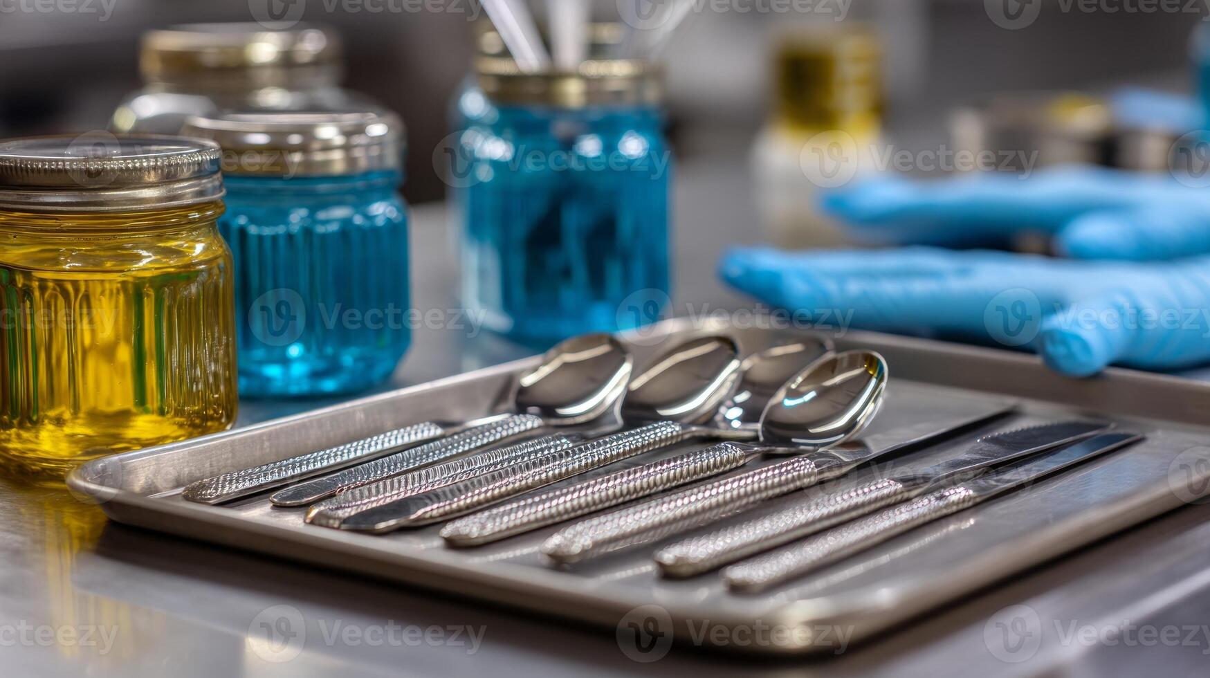 A tray with silver spoons and knives on a table photo