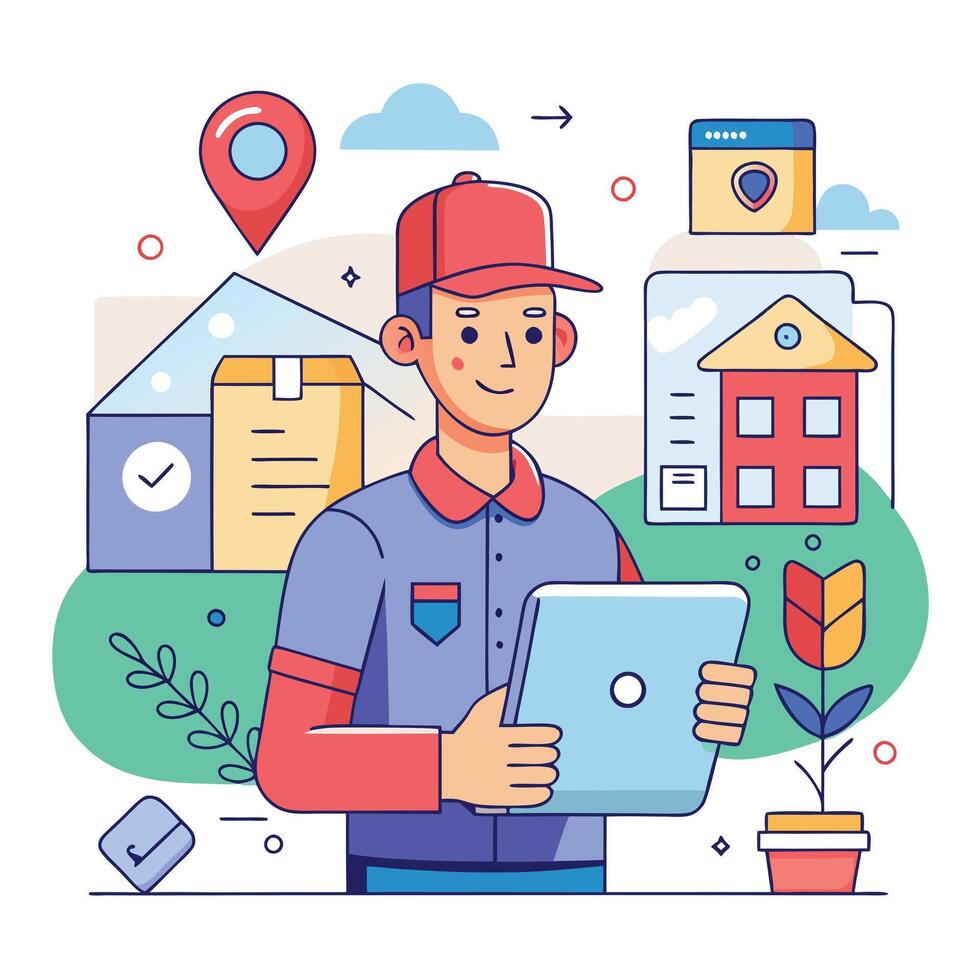 delivery man with tablet and house icon vector