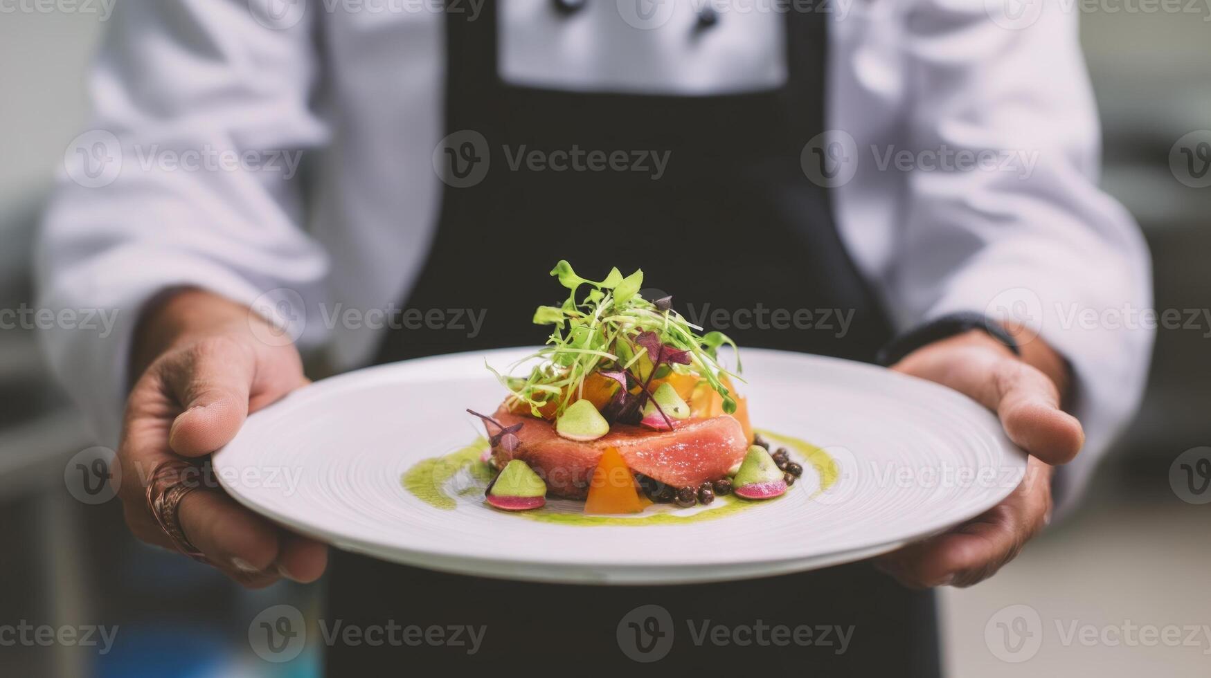 A chef holding a plate with food on it photo
