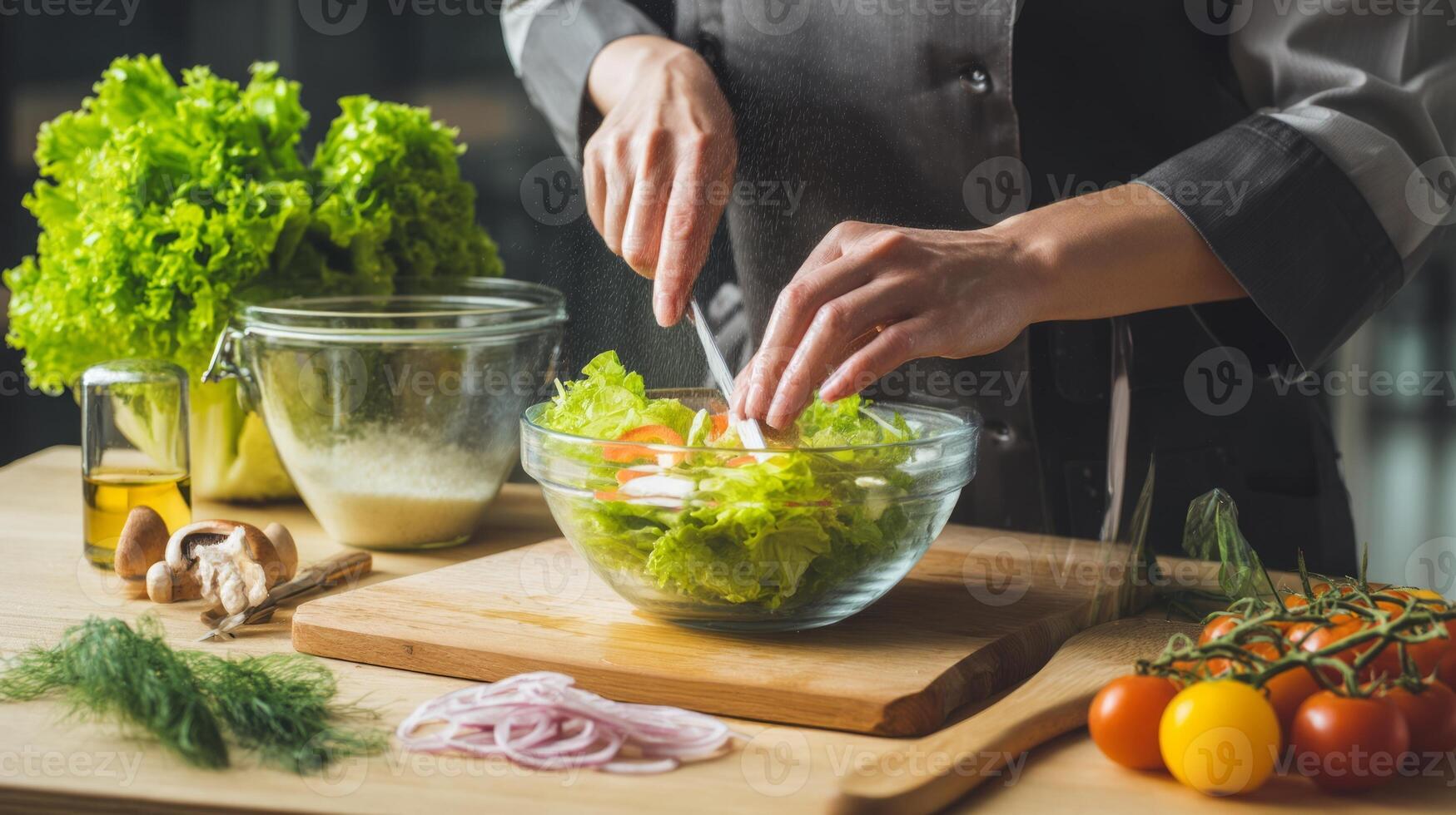 A woman in a chef's uniform is preparing a salad photo