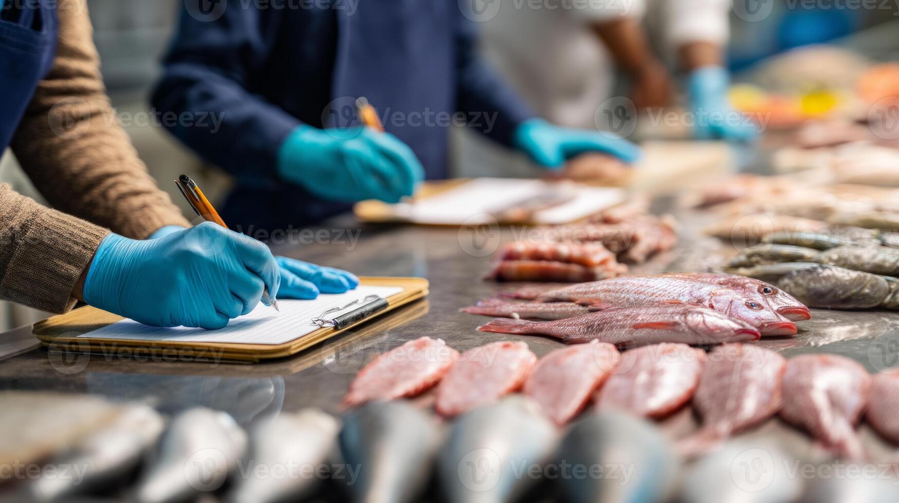 A person writing on a clipboard while standing in front of fish photo