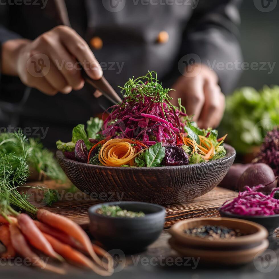Chef preparing a salad with vegetables and herbs photo