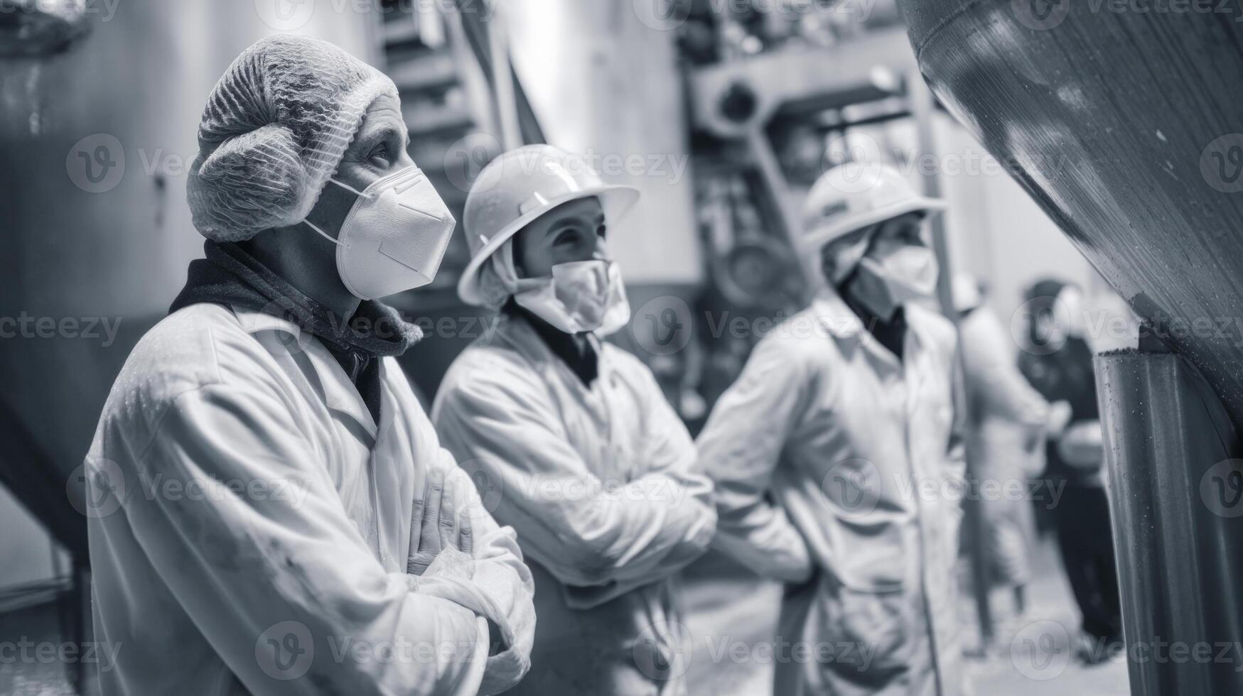 Three men wearing protective gear stand in a factory photo