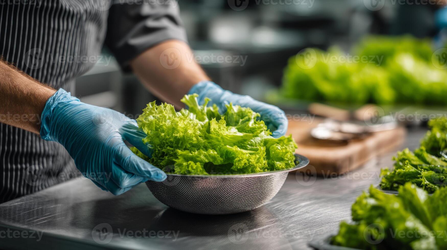 A person in a chef's uniform is holding lettuce photo
