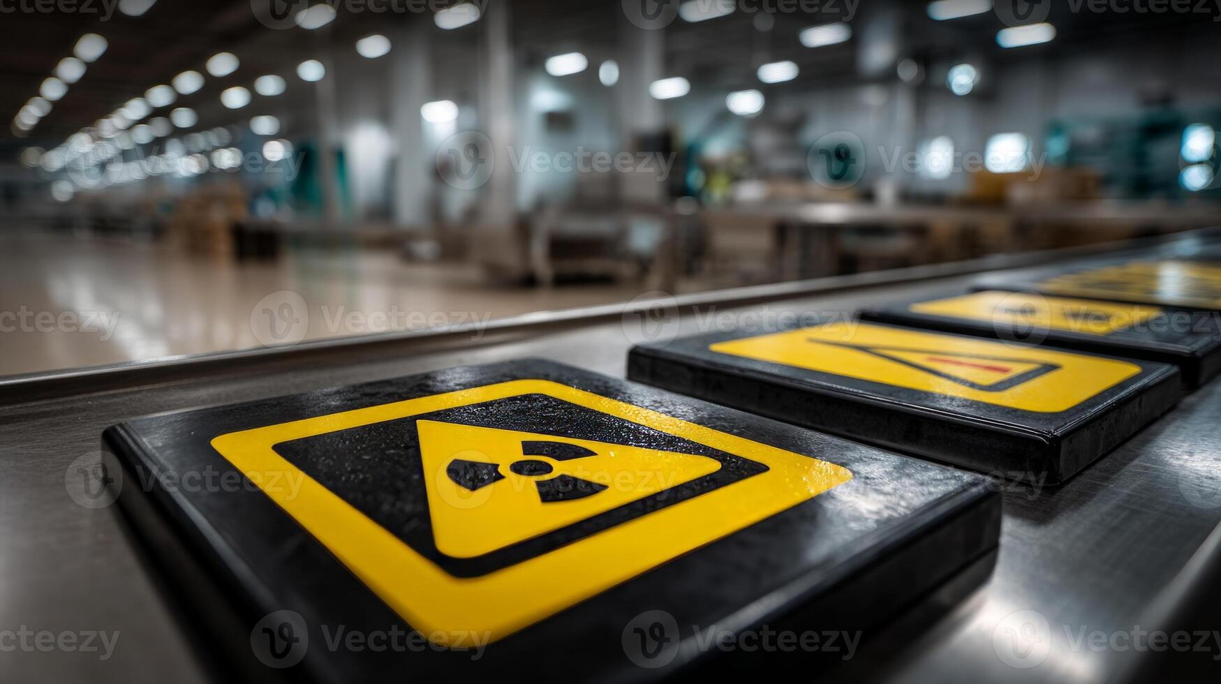 A conveyor belt with several radioactive signs on it photo