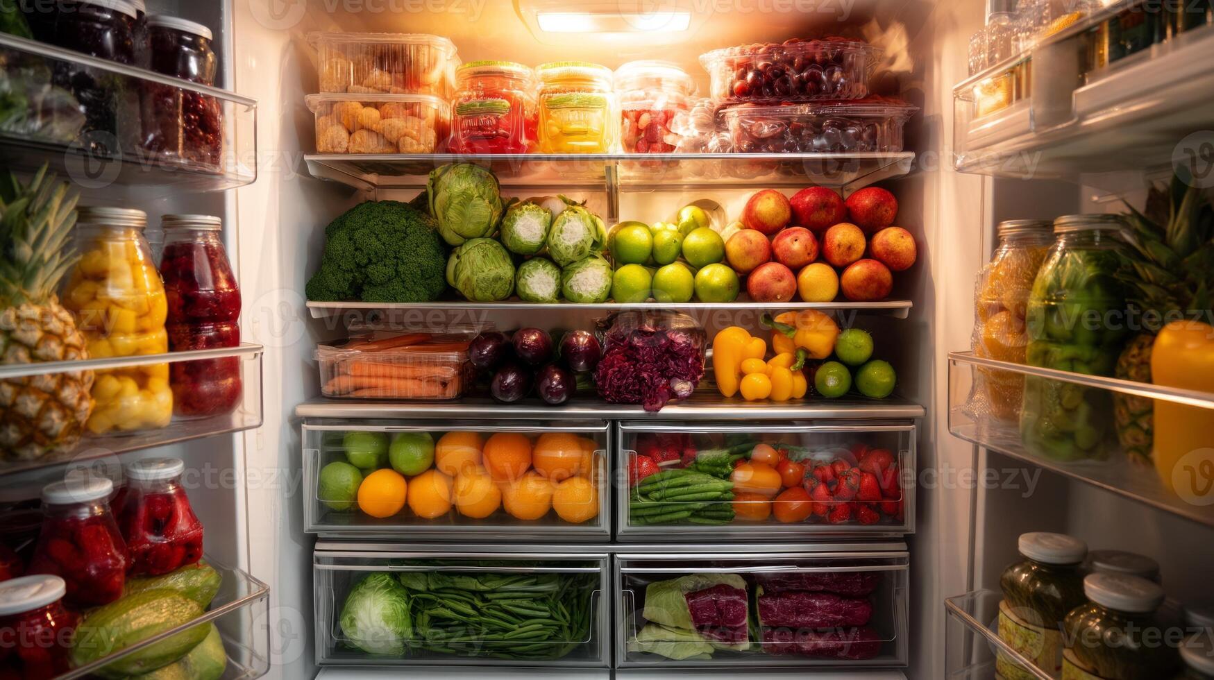 A refrigerator filled with fresh fruits and vegetables photo
