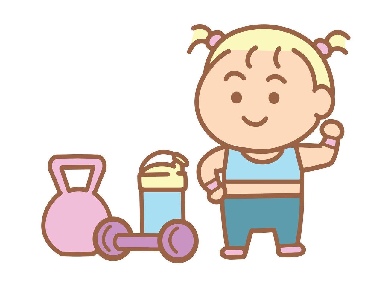 Little sporty girl with equipment for workout. vector