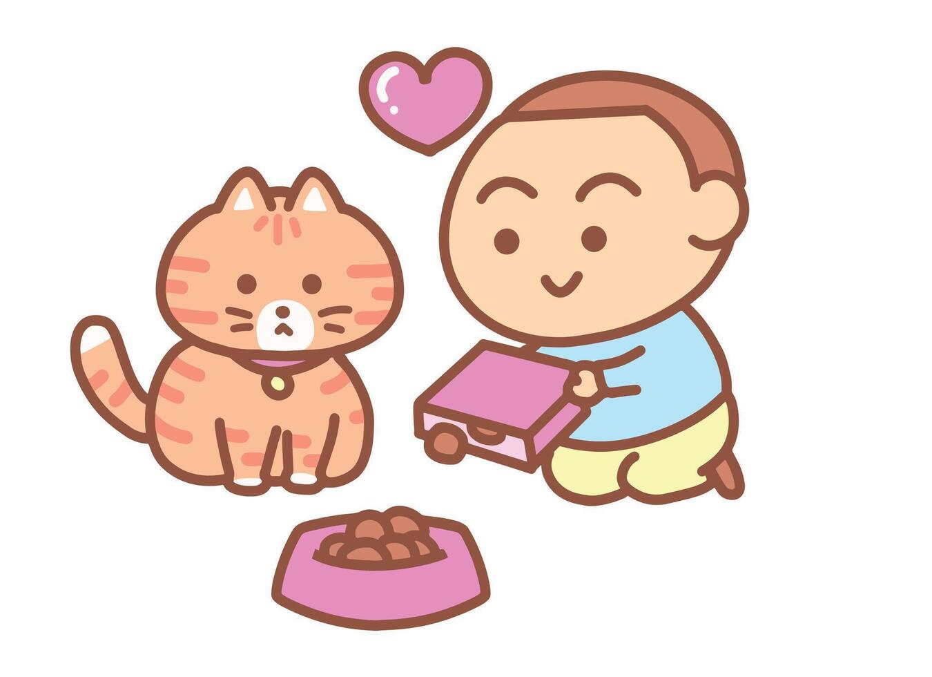 Little boy feeding a cat cartoon style vector