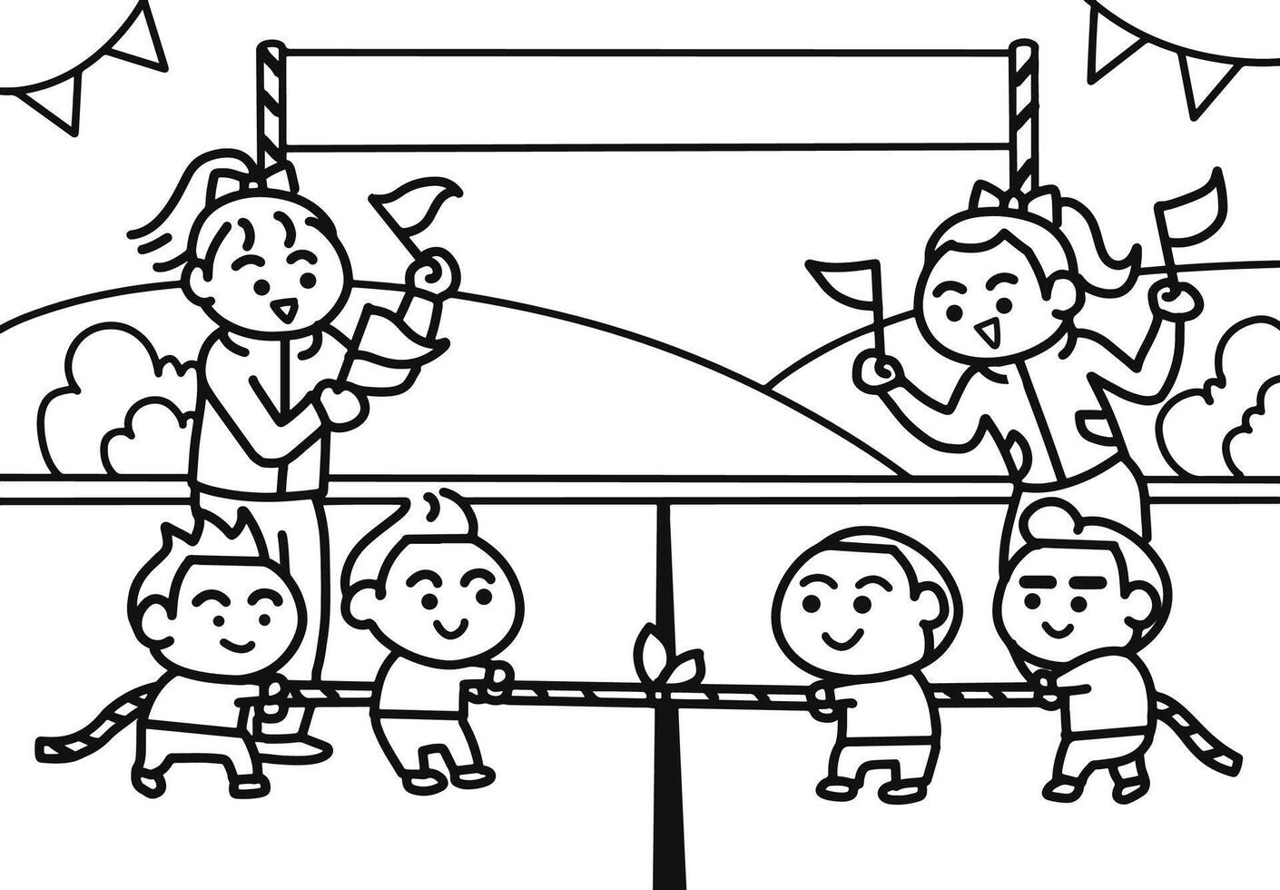 Children are playing tug of war at a sports day. vector
