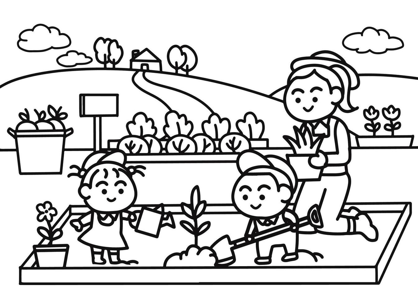 Family do gardening together coloring pages style vector