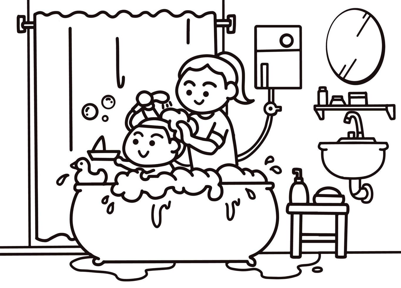 Mother bathing for son coloring pages style. vector