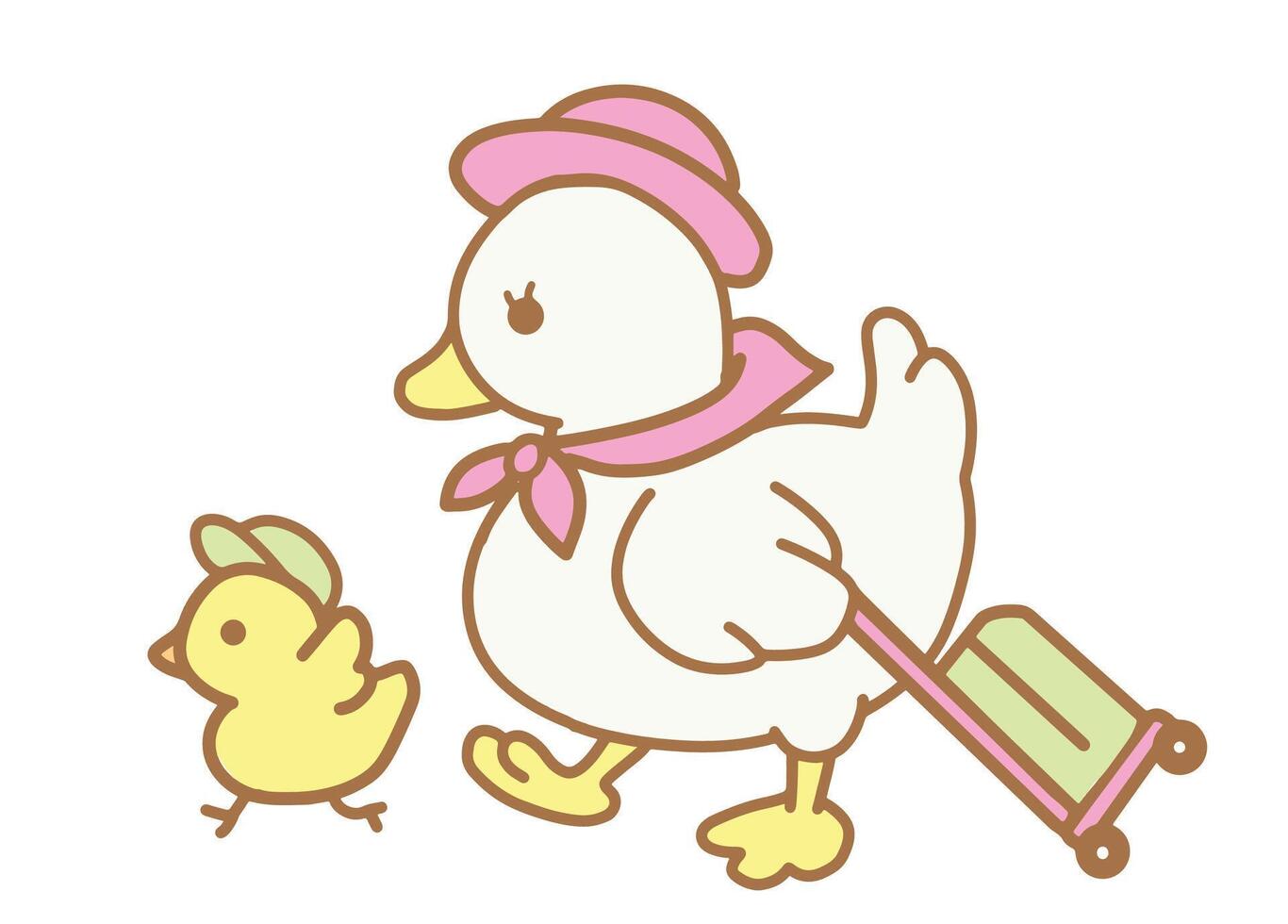 Little duck goes on a trip with her ducklings. vector