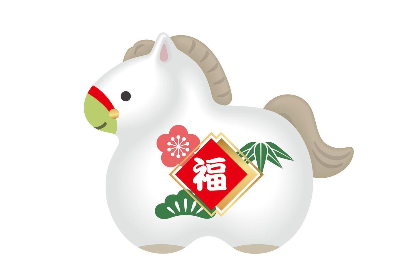 The Year Of The Horse Japanese Traditional Zodiac Mascot Doll Illustration Isolated On A White Background. Kanji Translation - Fortune. vector