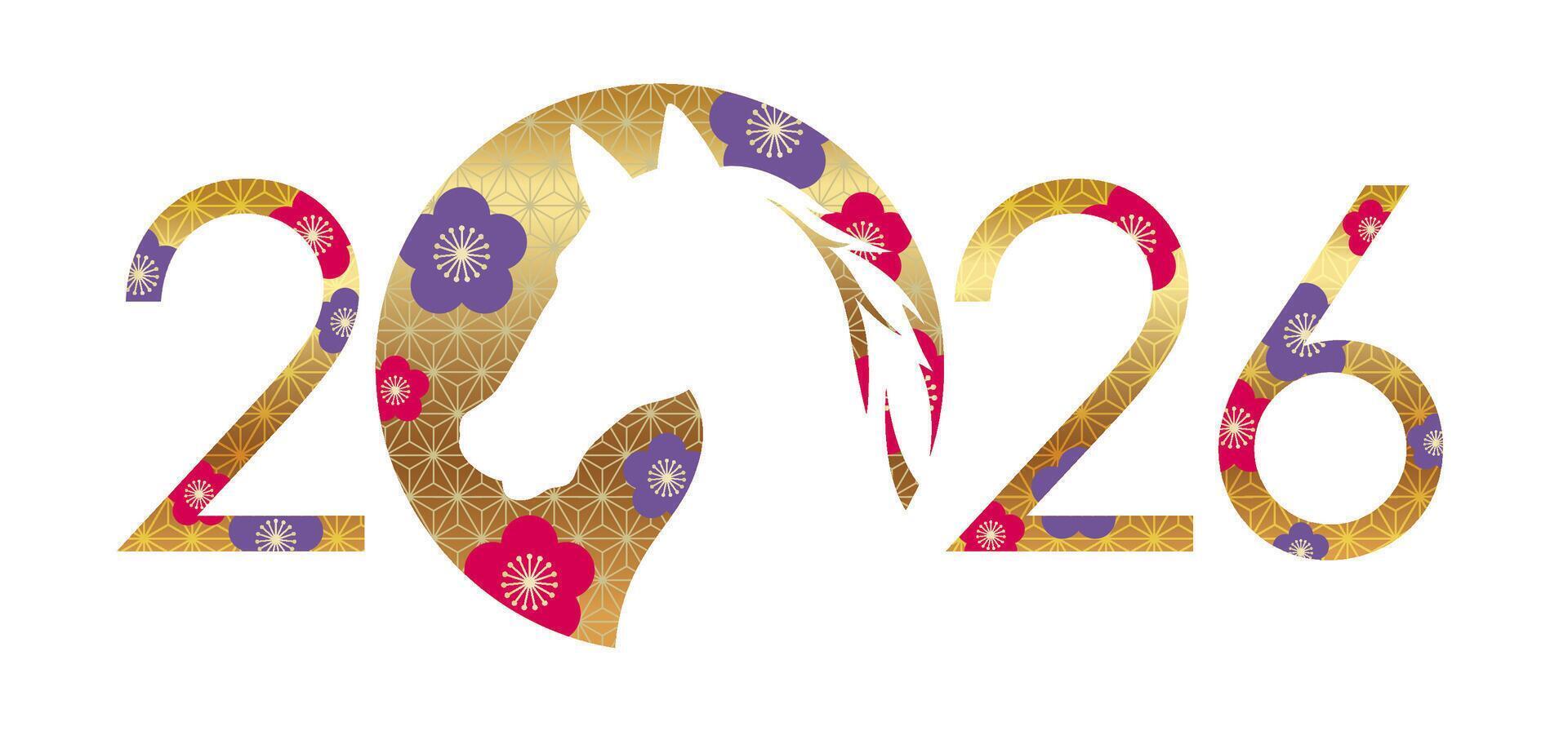 The Year 2026, Year Of The Horse, New Year Greeting Symbol Decorated With Japanese Vintage Patterns. vector