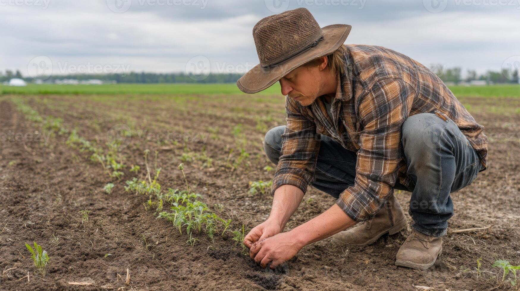 A man in a hat and plaid shirt kneeling in the dirt photo