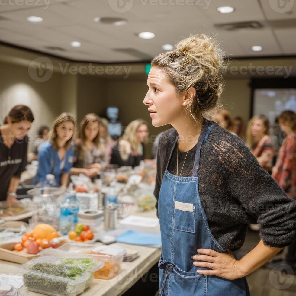 A woman in an apron standing in front of a table with food photo