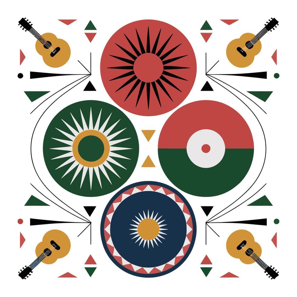 A colorful pattern with guitars and other symbols vector