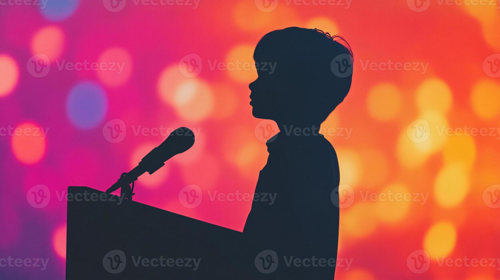 Eloquent Speaker Silhouette at Colorful Podium Business Presentation Concept photo