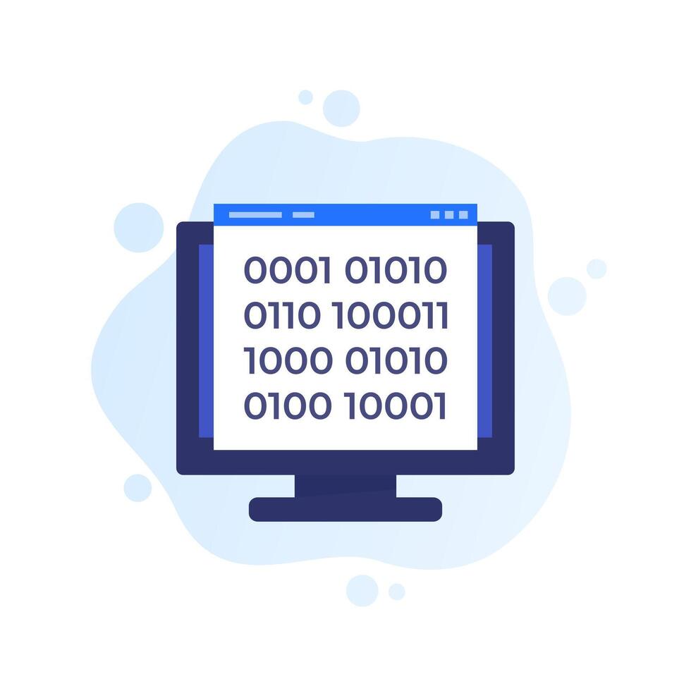 Binary code icon with computer, flat design vector