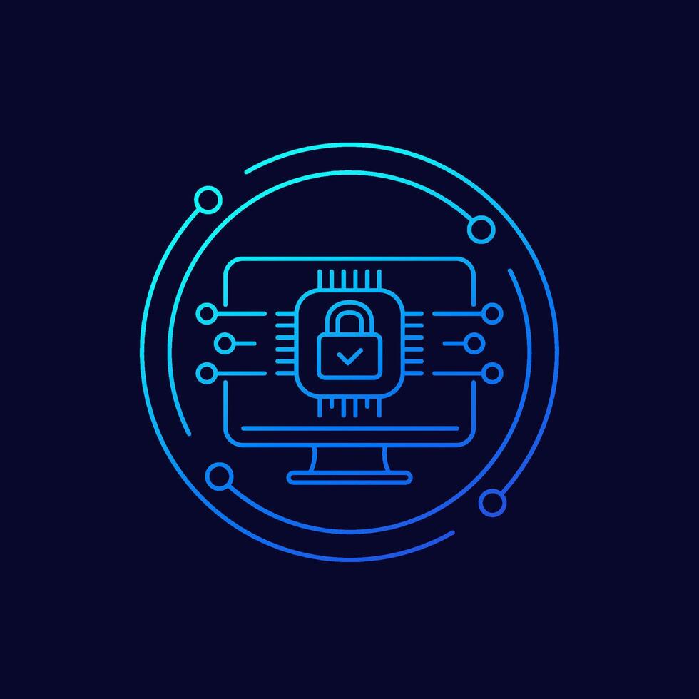 Hardware encryption icon with a computer, linear design vector