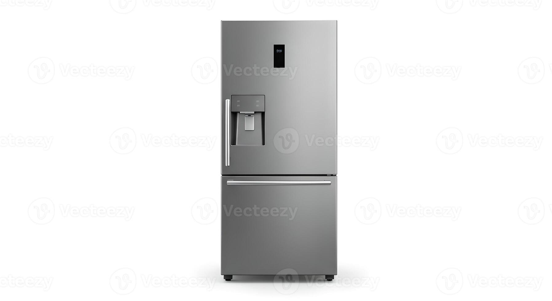 A silver refrigerator on a white background photo