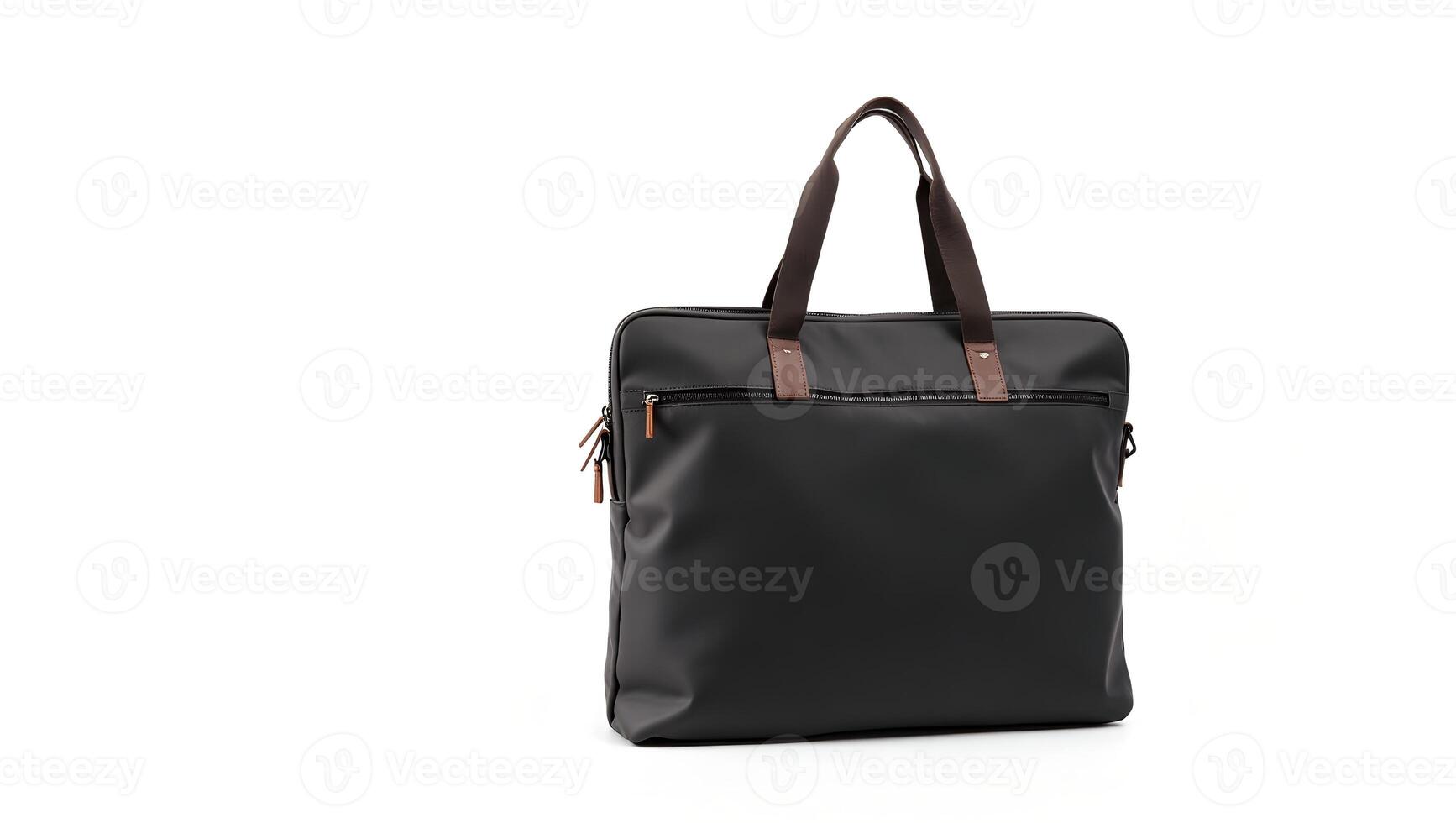 A black leather tote bag with brown handles photo