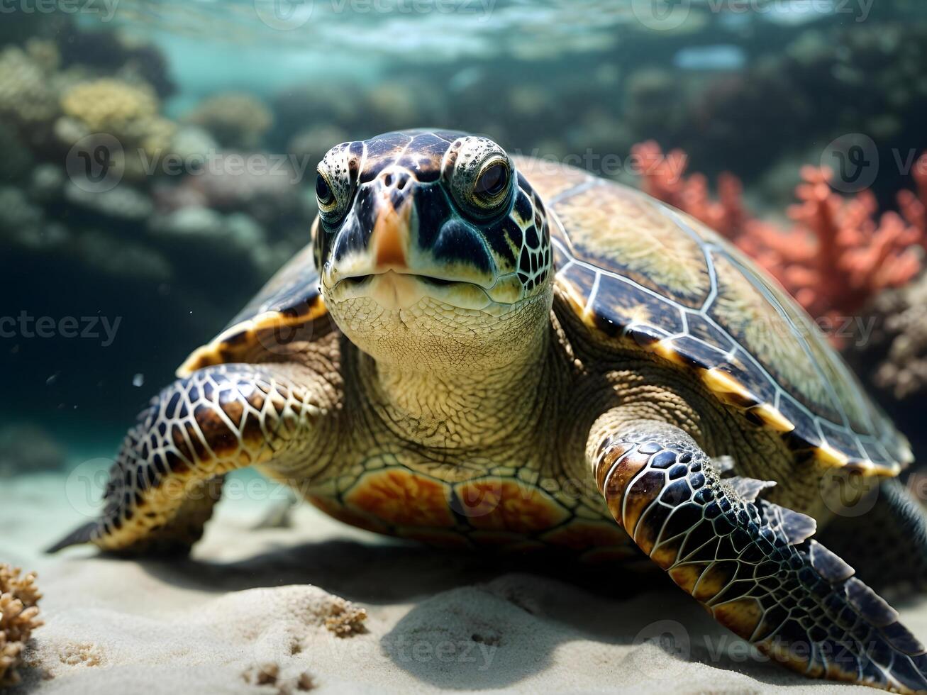 Sea turtles on the sand under the sea with coral in the background photo