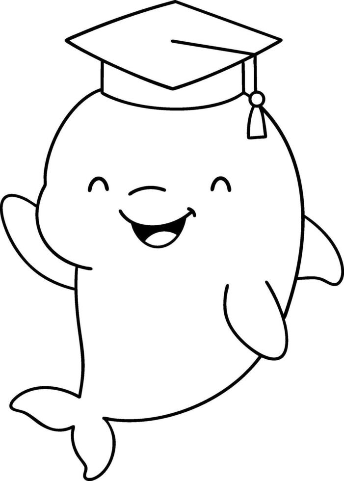 Cute Dolphin animal wearing graduation cap, celebrating achievement with joy and excitement vector