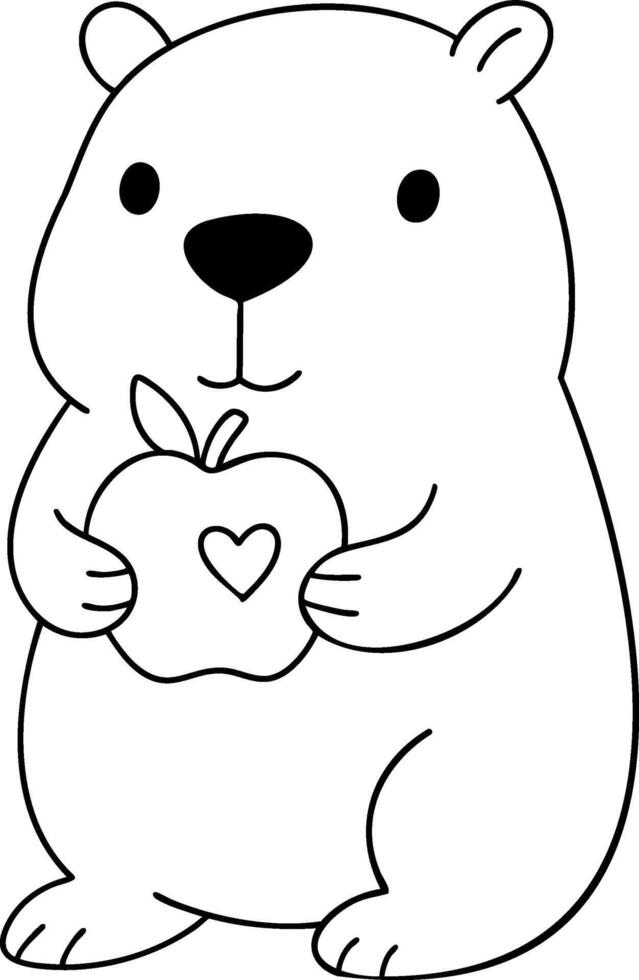 Cute capybara holding apple with heart, showcasing playful and friendly expression vector
