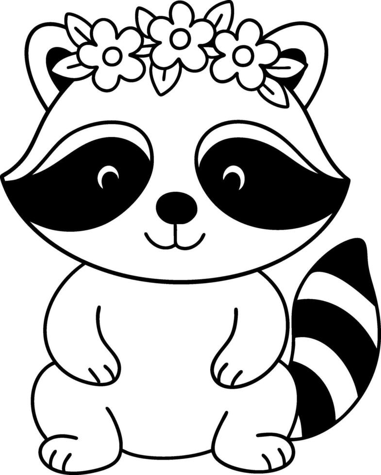 Cute raccoon with flowers on its head, smiling joyfully and radiating charm vector